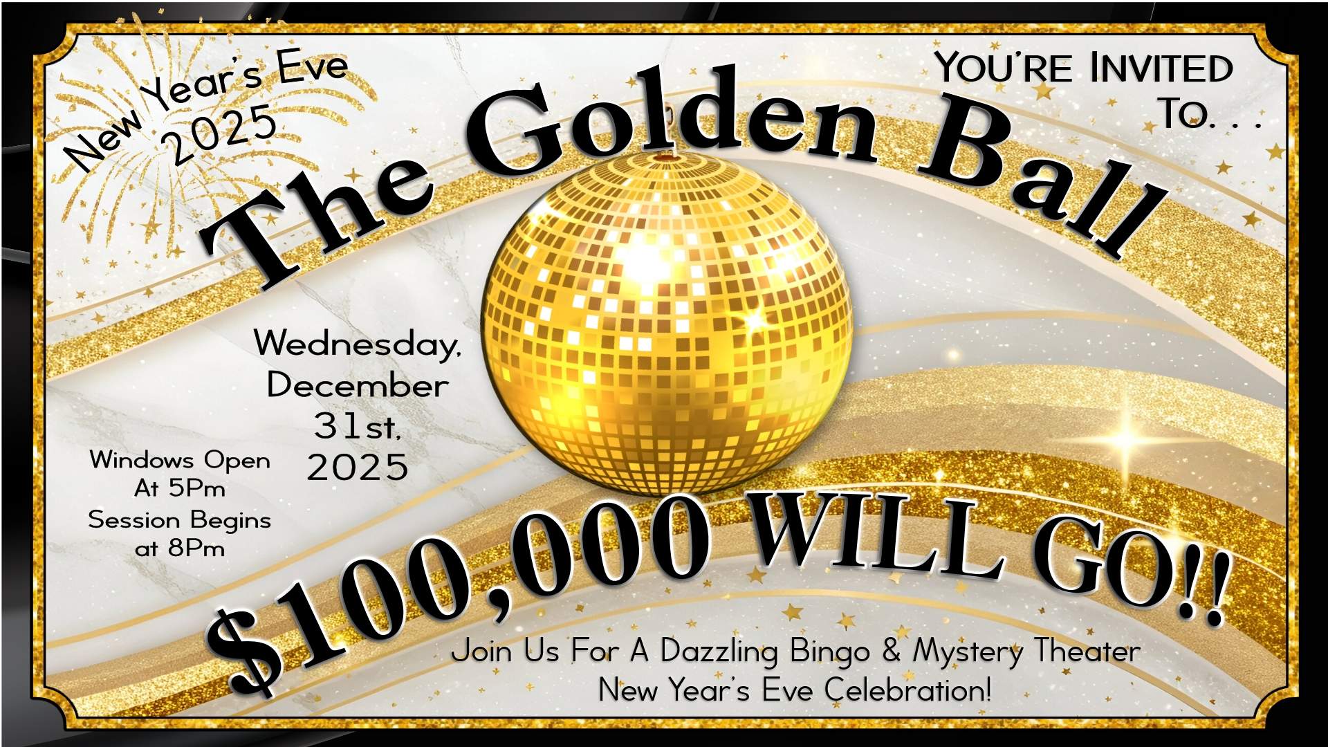 New Year’s Eve 2025 bingo celebration at BJ’s Bingo in Fife WA with $100,000 jackpot and mystery theater.