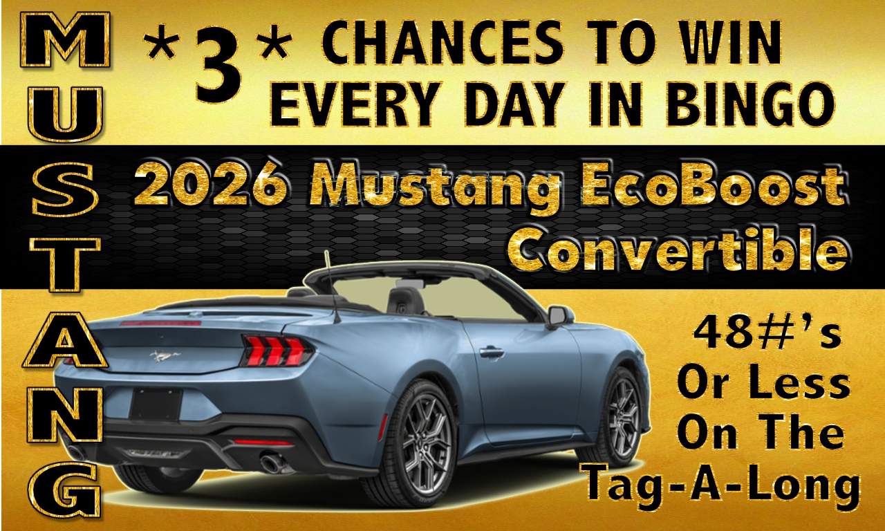 Mustang Mania bingo promotion featuring a 2026 Mustang EcoBoost Convertible prize at BJ’s Bingo & Gaming in Fife, Washington